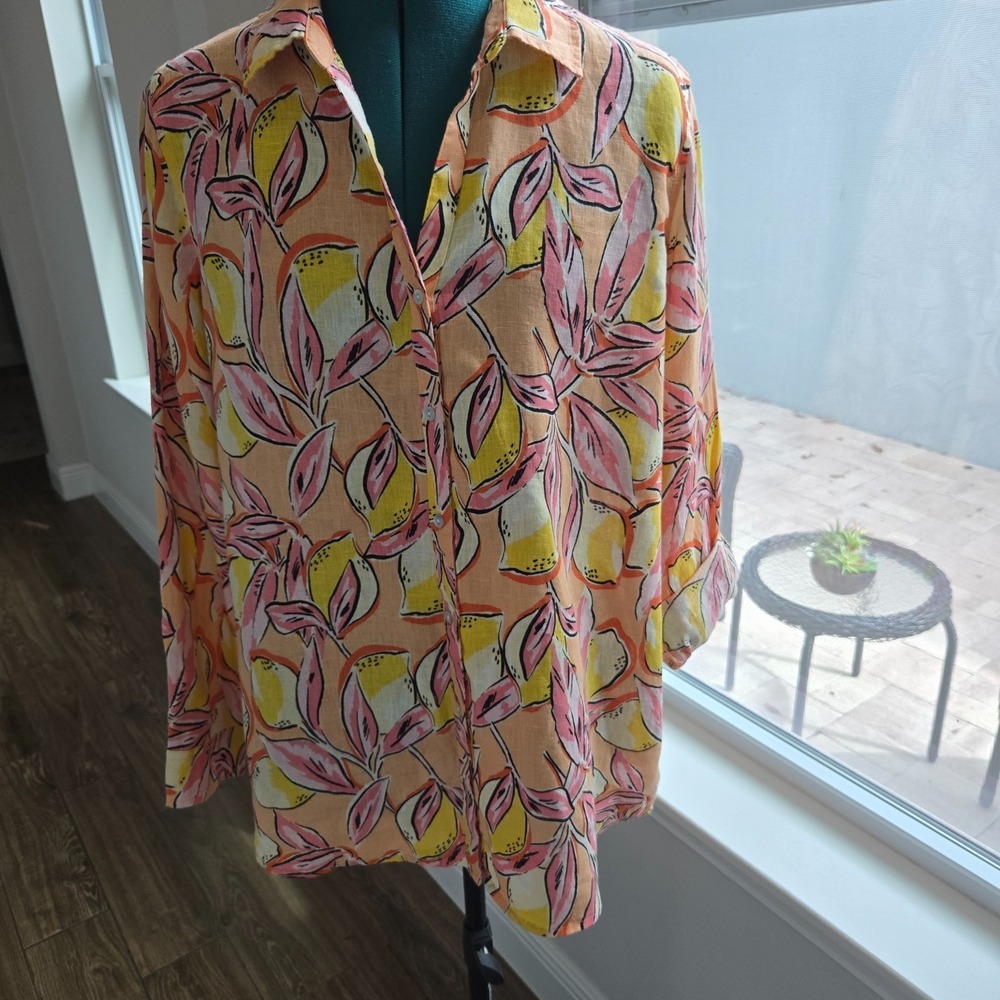 Isaac Mizrahi Womens 100% Linen Button-up Shirt Long Sleeves Size Large